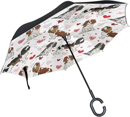 Cavalier King Charles Spaniel Dog Valentine's Day Heart Inverted Reverse Upside Down Umbrella with C-Shaped Handle, Anti-UV Waterproof Windproof Rain Umbrella for Women