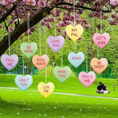 Chinco 12 Pcs Valentine‘s Day Heart Hanging Ornaments Heart Shaped Double Sided Paper Card Love Romantic Sweet Happy Valentine Party Decor for Outdoor Yard Tree Window Sign(Card Stock, Heart)