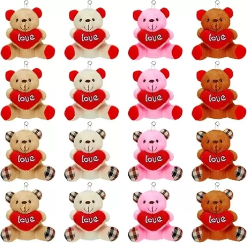 Chivao 16 Pcs Heart Bears 3.5 Inch Mini Plush Bear Toy with I Love You Heart Stuffed Animals for Valentine's Gift Keychain Wedding Birthday Party