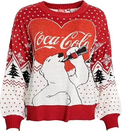 Coca Cola Heart Polar Bear Drinking Womens Ugly Christmas Sweater