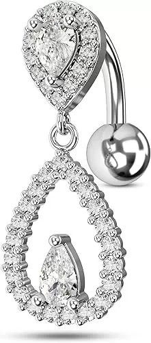 COCHARM Top Down Belly Button Rings 14g Cute CZ Heart Belly Button Rings for Women Dangle Tear Drop Belly Ring Belly Piercing Jewelry