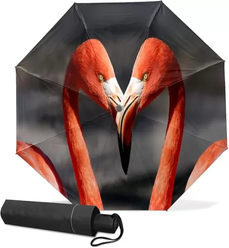 Compact Travel Umbrella Flamingo Bird Heart Shaped Small Folding Sun & Rain Umbrellas Windproof Mini Auto Open & Close Portable Umbrella Parasol for Women Men