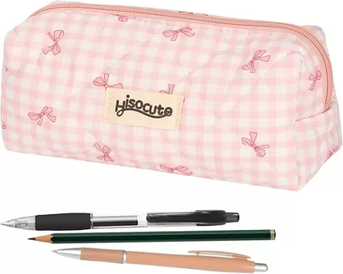 Coquette Bow Pencil Pouch, Cute Pink Bow Checkered Pencil Case, Soft Quilted Pen Bag for Women Office