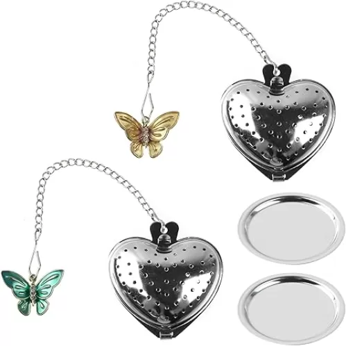 Crapyt 2 PCS Tea Infuser Tea Strainers for Loose Tea Loose Leaf Tea Steeper with Butterfly Pendant Tea Ball Tea Diffusers for Loose Tea Heart Shape 1.81"×1.61"