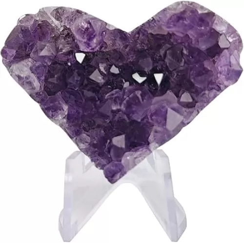 Crystals and Healing Stones Heart Crystal Amethyst Cluster Geode Raw Stones with Display Stand for Home Decor, Meditation, Spiritual Energy, 1Pc 1.55"-2"