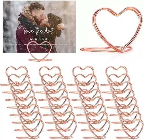 CUNGLIN Gold Table Number Place Card Holders - 32 Pcs Heart Shape Photo & Business Card Stand for Wedding Party