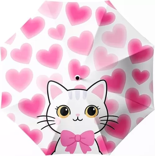 Cute Cat and Pink Heart Pattern Small Travel Folding Umbrella for Girl, Portable, UV, SunShade, Compact, Automatic, Rain & Wind