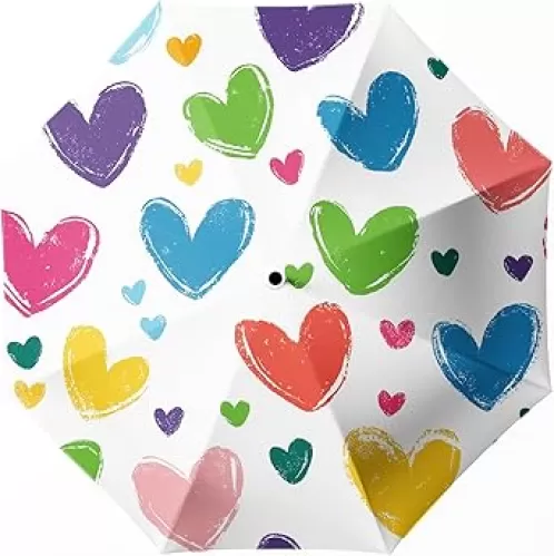 Cute Multicolored Heart Pattern Small Travel Folding Umbrella for Girl, Portable, UV, SunShade, Compact, Automatic, Rain & Wind