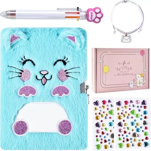 Diary for Girls with Lock and Keys, Kids Journal Travel Notebook for 6-10, Cute Secret Dream Diary with Multicolored Pen, Stickers, Practical Gift for Birthday, Christmas (B Smile Cat)