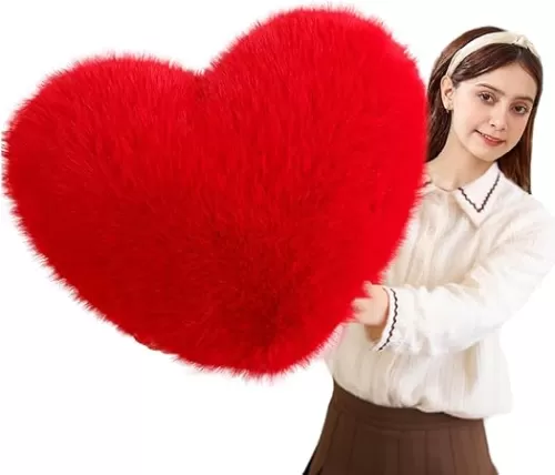 ELAINREN Ultra-Soft Red Heart Stuffed Pillow Large Furry Heart Shape Plush Toy, Fluffy Heart Plushie Decor Cushion for Valentine's Day/15.7''