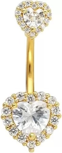 Excepro 14G(1.6mm) Double Heart Cubic Zirconia Navel Rings for Women 316L Surgical Steel Curved Barbells Body Piercing Jewery