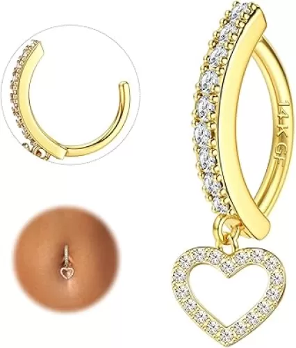 FIASASO 14K Gold Filled Belly Button Ring Hypoallergenic Surgical Stainless Steel Clicker Belly Rings Hoop CZ Butterfly Heart Teardrop Flower Reverse Belly Button Rings Belly Piercings Jewelry for Women 14G Navel Ring