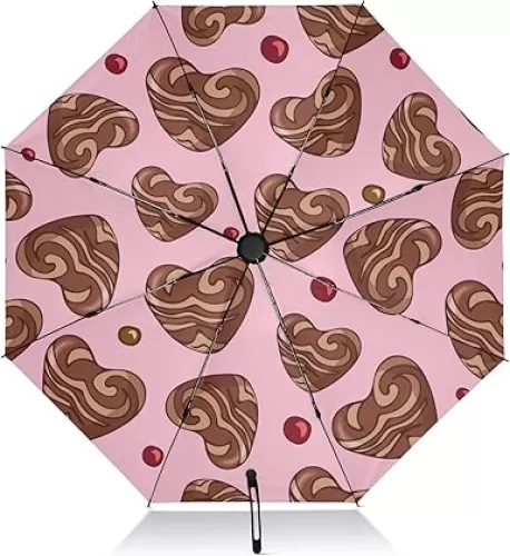Folding Umbrella Compact Chocolates Gingerbread Heart Shape Travel Umbrella Automatic Open Close Inverted Umbrella for Rain Sun Umbrella UV Protection Reverse Umbrella for Women Men Outsid