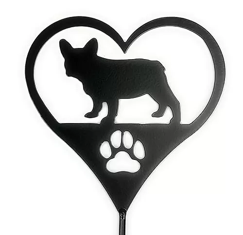 French Bulldog Silhouette Metal Art Heart Shape Yard Stake Dog Owners Gift Frenchie Grave Marker Powder Coated Black Made in USA by Modern Ironworks
