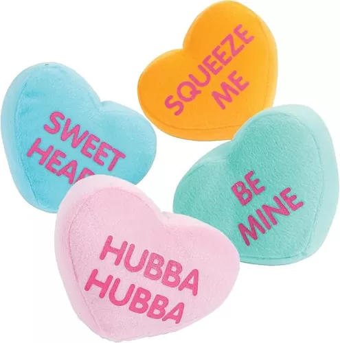 Fun Express 12 Pcs Plush Conversation Hearts - 4 inch - 4 Colors and Messages - Stuffed Valetines Day Toys