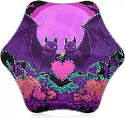 GAIGEO Print Girls Umbrella for Kids Travel Uv Sun Umbrella Upf 50+ Reflective Long Handle Rain Umbrellas for Boys Cute Heart Shaped Bats