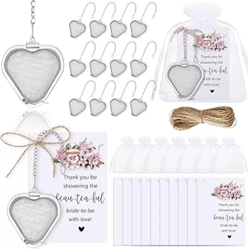 Gisafai 20 Set Bridal Shower Tea Party Favors for Guest Heart Shaped Stainless Steel Tea Infuser Ball With Chain Thank You Cards and Organza Bags Tea Infuser Mesh for Loose Leaf Wedding Gift, No Tea