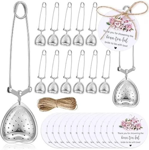 Gisafai 24 Sets Bridal Shower Tea Party Favors for Guests Include Heart Tea Infuser Long Handled Tea Ball Tea Steeper for Loose Tea with Thank You Cards Twine Wedding Bridal Shower Souvenir (No Tea)