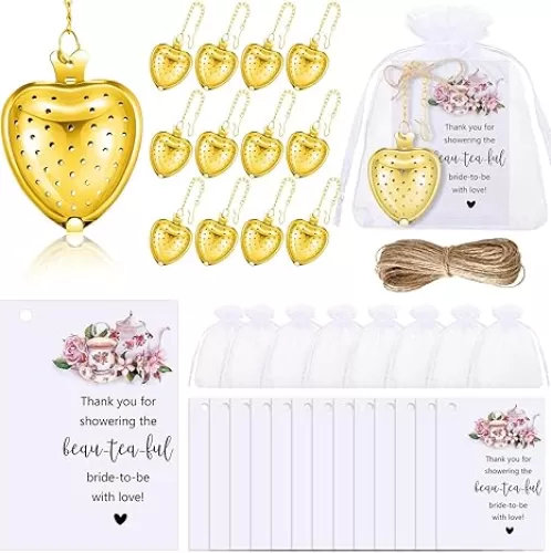 Gisafai 30 Set Bridal Shower Tea Party Favors for Guest Include 30 Heart Tea Infuser Ball Steeper 30 Thank You Card 30 Organza Bag 1 Twine for Bridal Shower Wedding Party Supplies(Gold)