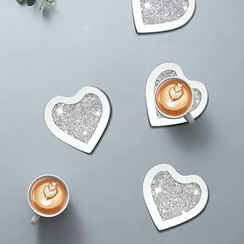 Glass Mirrored Coasters Set of 4, Heart Shaped Coasters with Crystal Diamond, Mirrored Silver Glass Cup Mats for Drinks, Advanced Top Decorations (4" x 4")