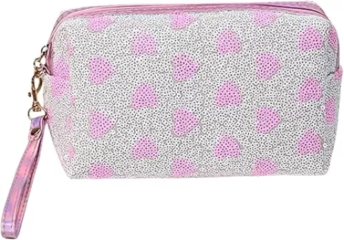 Glitter Cosmetic Pouch Makeup Bag Sequin Travel Organizer Multi-Purpose Toiletry Case Pencil Holder, Pink Heart 1#