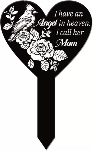 GLOBLELAND Heart Shaped Cardinal Bird Flowers Garden Stake Memorial Mom Remembrance Plaque Stake for Cemetery Acrylic Grave Stake Waterproof Sympathy Garden Stake for Yard Grave Cemetery