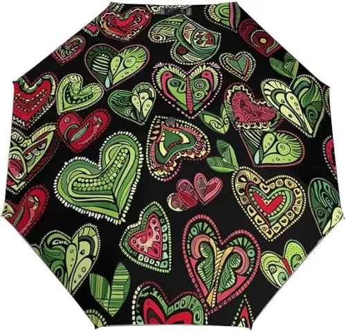Green And Heart Shape Travel Umbrella Windproof UV Protection Folding Umbrellas Easy Auto Open Close Durable And Compact Portable Umbrella Fits Car And Backpack