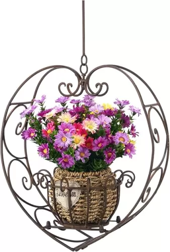 Hanging Plant Holder, Wrought Iron Heart Shape Plant Pot Holder, Indoor & Outdoor Hanging Planters Holder for Patio, Porch, Bedroom, Living Room（Raw Embroidery Color）