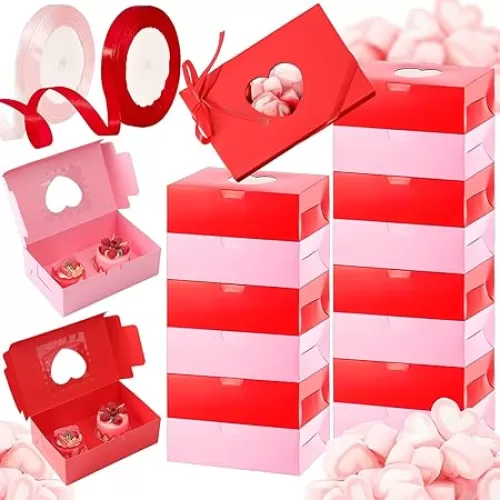 Henoyso 80 Pcs Valentine‘s Day Cupcake Boxes Valentine Bakery Treat with Heart PVC Window Individual Cookie Candy Boxes for Gift Giving Mother