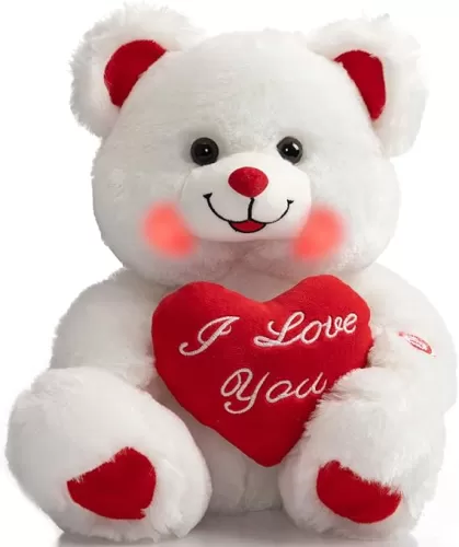 HollyHOME Teddy Bear with Heart Plush Bear That Says I Love You and Blushes LED Stuffed Toys for Girlfriend and Kids Toy Gift 13 inch White