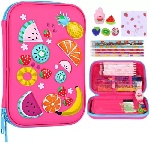 homicozy Pencil Case for Girls, Cute Fruit Stationary Set for Kids, 3D EVA School Large Capacity Pencil Pen Box with Compartment, School Supplies for Girls, Back to School Gifts for Kids, Rose Red