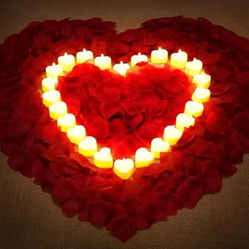 Honoson 1000 Pieces Artificial Rose Petals with 24 Pcs Flameless Heart Shaped LED Tealights Candles Romantic Night Decorations for Wedding Anniversary Table Decor(Yellow)