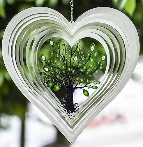 ISEO Silver Heart Wind Spinner for Yard and Garden with Crystals, Hanging Outdoor Decor, Yard Art, Porch and Patio Decorations, Metal Wind Spinners Outdoor, Weather Resistant, 12”