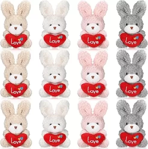 Jexine 12 Pcs Valentines Bunny Mini Plush Stuffed Heart Animal Bulk 4 Inch Small Animal Toys Stuffer for DIY Kids Birthday Carnival Classroom Prizes Gift Goodie Bag Filler