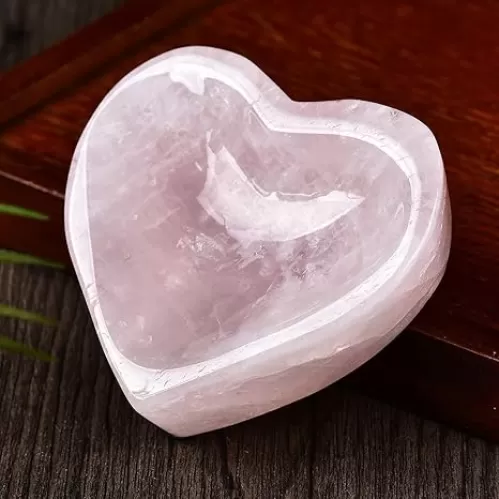 JIC Gem Natural Rose Quartz Stone Bowl Heart Shape Healing Crystal Decorative Bowl Jewelry Tray Home Office Decor Small