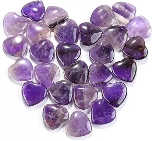 Jovivi 20 Pcs Heart Stones Natural Amethyst Crystal Hearts Bulk Set Polished Palm Love Gemstone Carved Pocket Stone Chakra Healing Meditation Reiki Balancing Gift