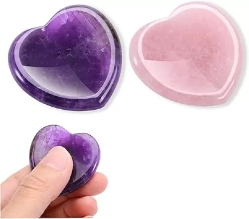 Jovivi 2pcs Thumb Worry Stones for Anxiety Natural Amethyst Rose Quartz Heart Gemstone Pocket Stones Hand Carved Healing Crystals Reiki Palm Stone for Women Meditation Gifts