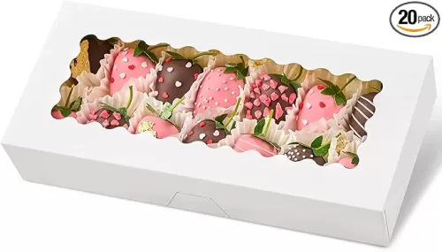 Kucoele 20 PCS Cookie Boxes with Window, 12.5 x 5.5 x 2.5 Inches Bakery Boxes Auto-Popup Treat Boxes for Chocolate Covered Strawberries, Hot Cocoa Bombs, Pastries, Donuts, Muffins