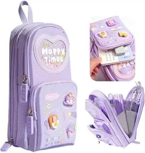 Large Capacity Kawaii Purple Pencil Case - Cute 3-Compartment Stationery Organizer for School Supplies, Office, and Travel | Ideal Gift for Students, Artists, and Art Lovers, Holds 50 Pens or Pencils