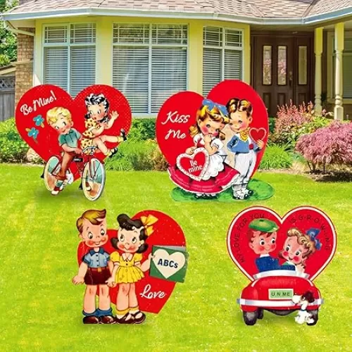 Large Size 4Pcs Valentine's Day Yard Sign Red Vintage Couple Hearts Lawn Sign Retro Yard Decoration For Wedding Anniversary Outdoor Home Party