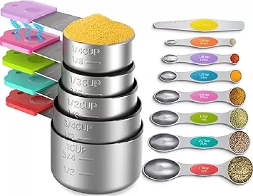 Magnetic Measuring Cups and Spoons Set, 5 Nesting Stainless Steel Measuring Cup Set with Easy to Read Markings, 7 Magnetic Measuring Spoons & 1 Leveler for Measuring Dry or Liquid Ingredients