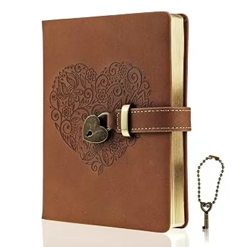 Mazeran Lock Journal, Heart Shaped Locking Leather Floral Embossing Hard Cover Gold Gild Edge Notebook Travel Diary, B6 Lined Lock with Key Personal Planner Organizer Gift for Girls Women Wife