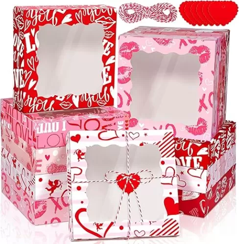 MIMIND 24 Packs Heart Cookie Boxes 10 x 10 x 2.5 Inches Heart Bakery Treat Boxes with PVC Window Cupcake Treat Boxes with Heart Cards Favors for Wedding Cooking Party