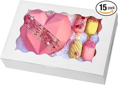 Moretoes 15pcs Bakery Boxes, 12x8x2.5 Inches Cookie Boxes with Window, for Chocolate Covered Strawberries, Cakes, Pies, Muffins, Donuts and Pastries