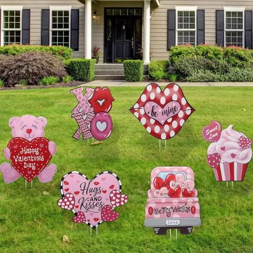 Mudder 6 Pieces Valentines Day Decorations Outdoor Valentine's Day Yard Stakes Sign Pink Red Hearts Large Outside Decorations with 12 Pieces Lawn Stakes, 15.7 x 13 Inch