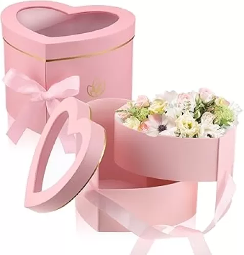 Nuanchu 2 Pcs Valentine‘s Day Heart Shaped Flower Box with Transparent Window Paper Floral Boxes with Lids Ribbons Double Layers Rotating Gift Box for Arrangements, 9.1 x 7.9 x 6.5 Inch(Pink)