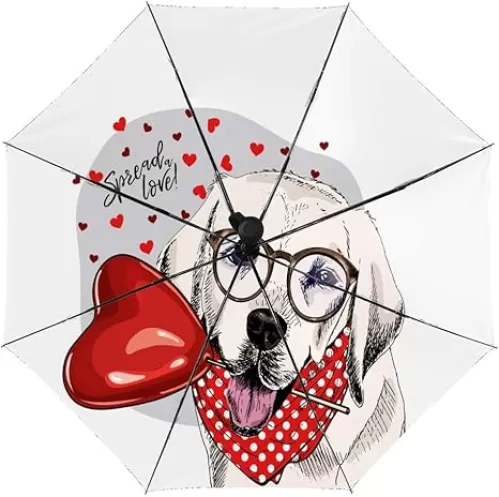Nuansexi Travel Automatic Umbrella Valentine Day Labrador Retriever Heart Shape Compact Folding Reverse Water Repellent Golf Rain Umbrellas UV Protection Lightweight Umbrella