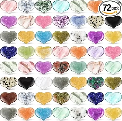 Nuenen 72 Pcs Natural Heart Shaped Crystal Stone 0.8'' Worry Stone Bulk Heart Palm Pocket Healing Carved Love Mini Gemstone Decor for Valentines Witchcraft Meditation(Novel Style)