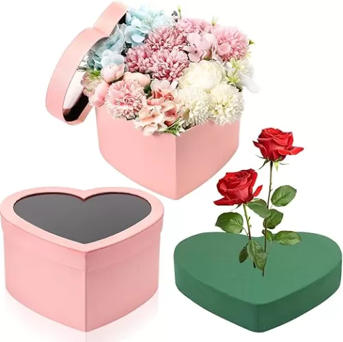 Nuenen Heart Shaped Flower Gift Boxes, Floral Gift Box with Lids Floral Foam Clear Cellophane 9.8 x 9 x 5 Inches for Valentine‘s Day Birthday Wedding Proposal Packaging Arrangements(Pink)