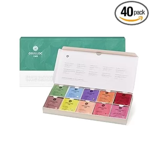 OSULLOC Premium Tea Collection (40 count, 10 flavors x 4 ea), Assorted Tea bag Sampler, Premium Organic Pure & Blended Self Care Gift Set box from Jeju for Tea lovers